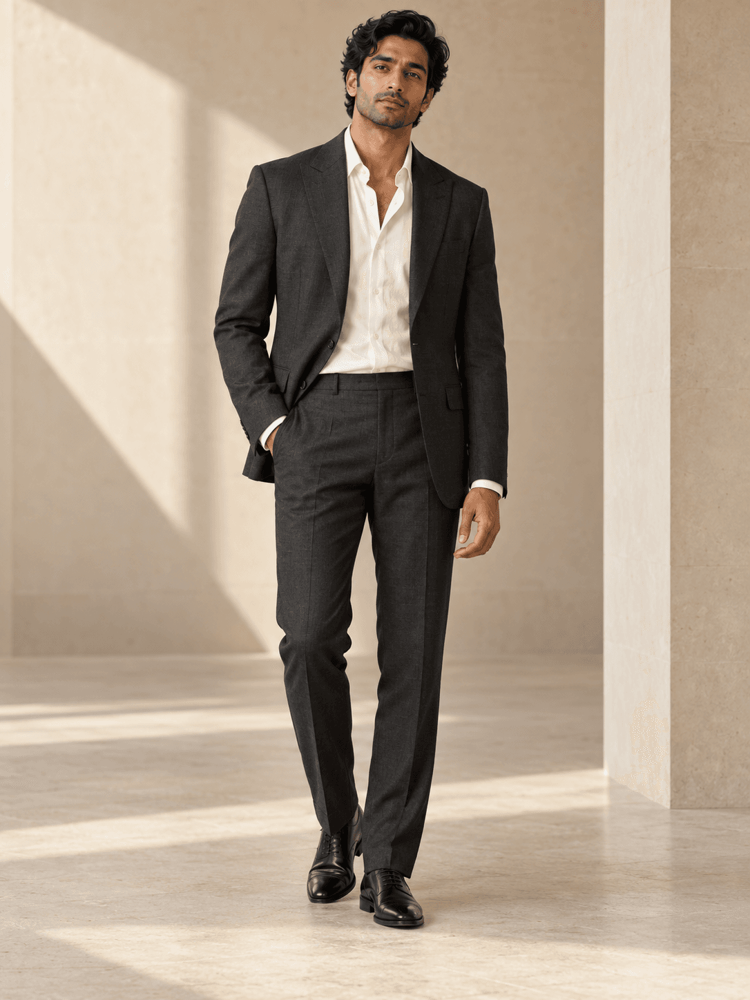 Charcoal tailoring for evenings and celebrations