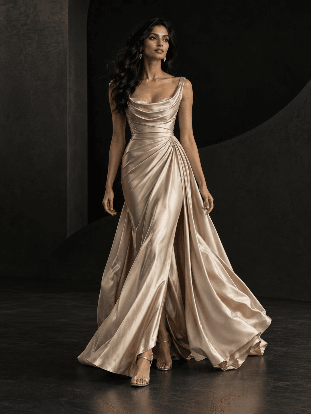 A model in a flowing champagne satin gown, the Attirent evening edit
